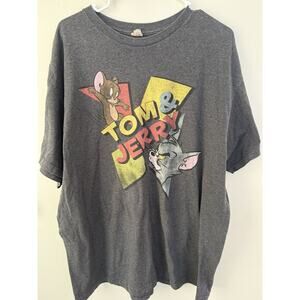 Tom and Jerry Graphic T Shirt Cartoon Tee Gray Short Sleeve Adult 2XL